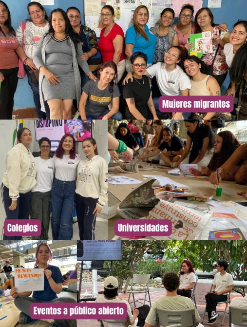 Collage de fotos con mujeres migrantes, colegios, universidades y eventos a público abierto donde ha estado presente Plural & Disruptivo